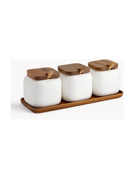 Bocaux de rangement avec plateau Essentials, 4 élém., Porcelaine, bois d'acacia, Blanc, bois d'acacia, Lot de différentes tailles