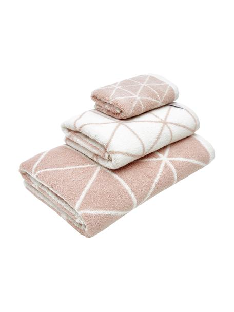 Set de toallas estampadas doble cara Elina, 3 uds., Rosa, blanco crema, Set de diferentes tamaños