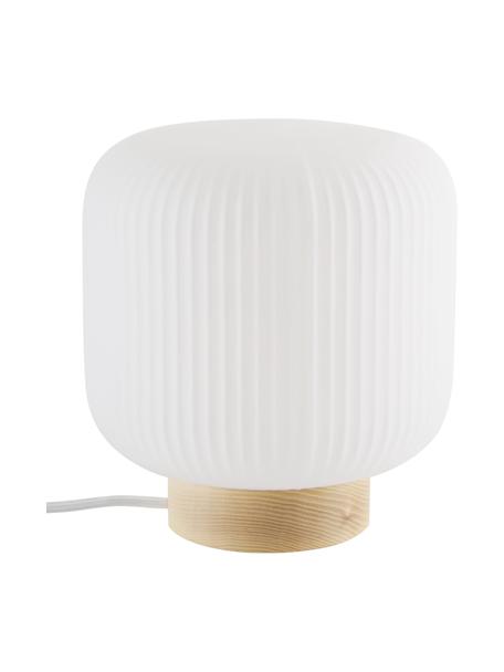 Malá lampa na noční stolek ve skandi stylu Milford, Opálově bílá, dřevo, Ø 20 cm, V 21 cm