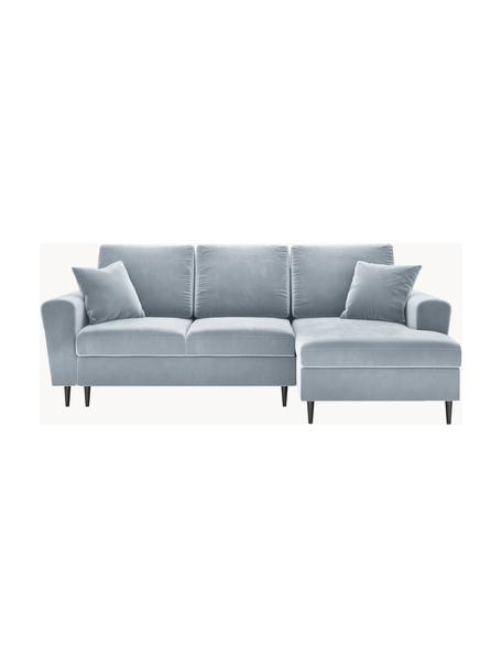 Canapé d'angle 3 places en velours avec fonction lit et rangement Moghan, Velours bleu ciel, noir, larg. 241 x prof. 145 cm, méridienne à droite