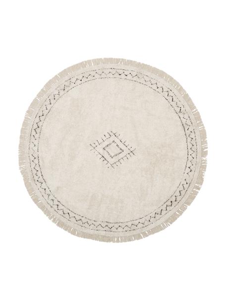 Alfombra redonda artesanal de algodón con flecos Flonn, estilo boho, 100% algodón, Beige, negro, Ø 120 cm (Tamaño S)