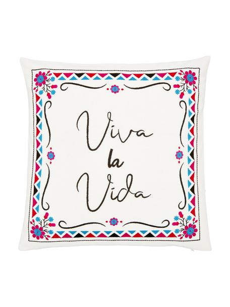 Bunt bestickte Kissenhülle Viva la Vida aus Baumwolle, 100% Baumwolle, Cremeweiss, Mehrfarbig, B 45 x L 45 cm