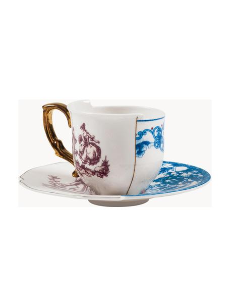 Tazas artesanales con platitos Hybrid, 2 uds., Porcelana Bone China, Multicolor, Ø 7 x Al 6 cm