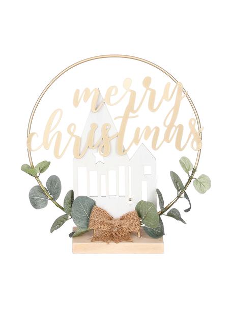 Decoratief object Christmas, Metaal, hout, kunststof, Goudkleurig, groen, beige, B 23 x H 26 cm