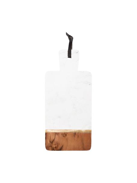 Deska do krojenia z marmuru Marble Kitchen, Marmur, drewno akacjowe, mosiądz, Biały, marmurowy, drewno akacjowe, odcienie złotego, D 37 x S 17 cm