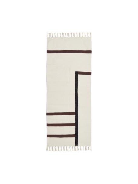 Alfombra corredor artesanal kilim Wyoming, 100% algodón con certificado GOTS, Blanco crema, marrón, negro, An 80 x L 200 cm