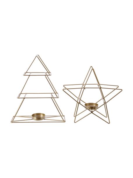 Metalen theelichthouderset Dana, 2-delig, Frame: gepoedercoat metaal, Goudkleurig, transparant, Set met verschillende formaten