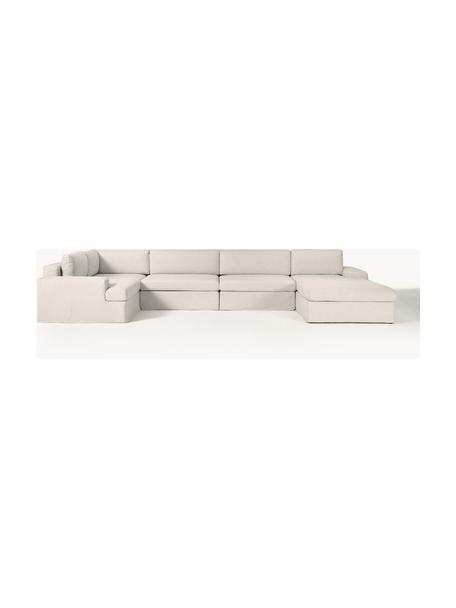 Divano componibile con rivestimento sfoderabile Russell, Rivestimento: 100% cotone Con 50.000 ci, Struttura: legno di pino massiccio c, Gambe: plastica, Tessuto beige chiaro, Larg. 412 x Prof. 206 cm