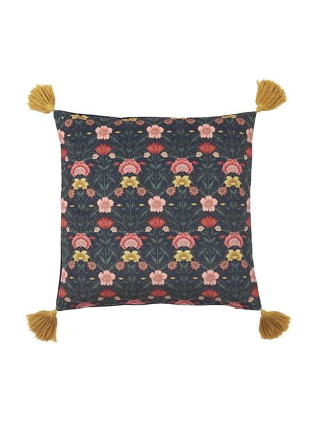 Federa arredo in velluto blu scuro con motivo floreale e nappe Pari, Blu scuro, giallo, rosso, Larg. 45 x Lung. 45 cm
