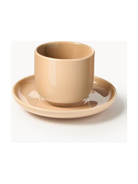 Porcelánové pohárky na espresso s podšálky Nessa, 4 ks, Vysoce kvalitní tvrdý porcelán, glazovaný, Broskvová, lesklá, Ø 7 cm x V 6 cm, 90 ml