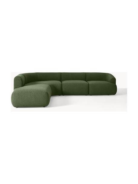 Canapé d'angle modulable 4 places en tissu bouclé Sofia, Bouclé vert foncé, larg. 318 x prof. 298 cm, méridienne à gauche