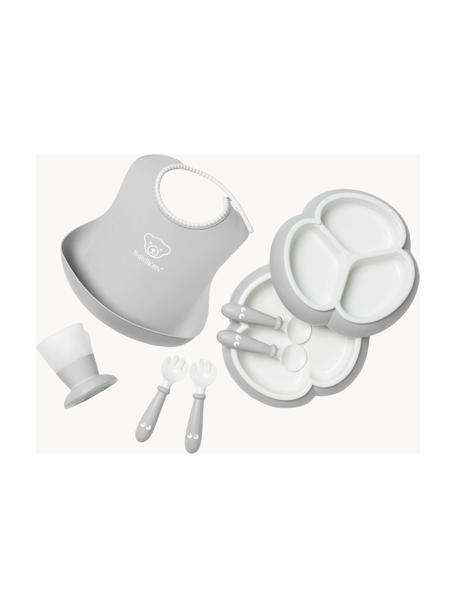 Set di 8 stoviglie per bambini con bavaglino Bliss, Plastica, Grigio chiaro, bianco, Larg. 17 x Alt. 13 cm