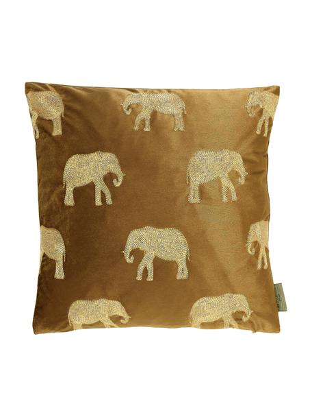 Cojín bordado de terciopelo Elephant, con relleno, 100% terciopelo (poliéster), Marrón, dorado, An 45 x L 45 cm
