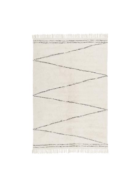 Ručně všívaný bavlněný koberec s klikatým vzorem a třásněmi Asisa, 100 % bavlna, Béžová, černá, Š 120 cm, D 180 cm (velikost S)