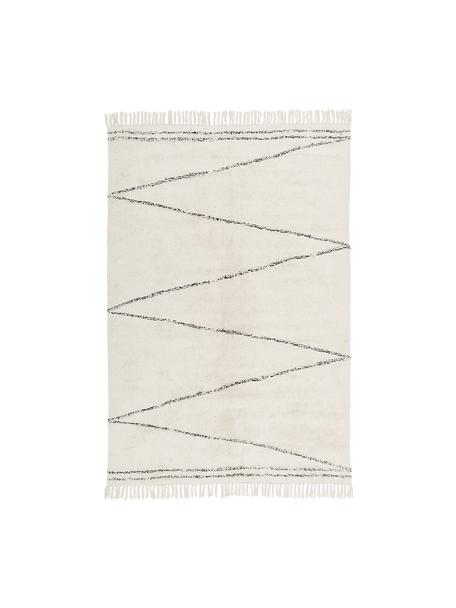 Ručně všívaný bavlněný koberec s klikatým vzorem a třásněmi Asisa, 100 % bavlna, Béžová, černá, Š 120 cm, D 180 cm (velikost S)