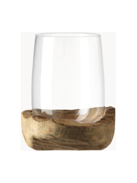 Handgefertigtes Windlicht Terra mit Teaksockel, Windlicht: Glas, Sockel: Teakholz, Helles Holz, Transparent, Ø 23 x H 27 cm