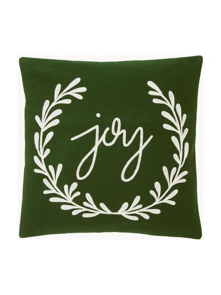 Poszewka na poduszkę z haftem Joy, Ciemny zielony, złamana biel, S 45 x D 45 cm