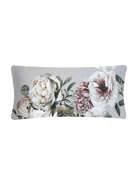 Fundas de almohada de satén Blossom, 2 uds., 45 x 110 cm, Gris con estampado floral, An 45 x L 110 cm