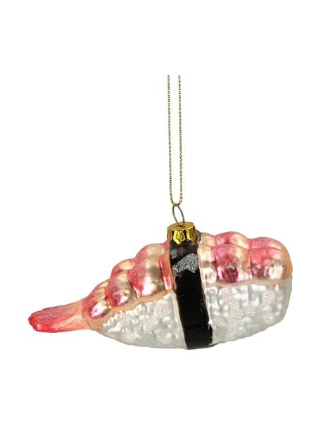 Baumanhänger Sushi Shrimp, Glas, Rosa, Silberfarben, Schwarz, B 10 x H 4 cm