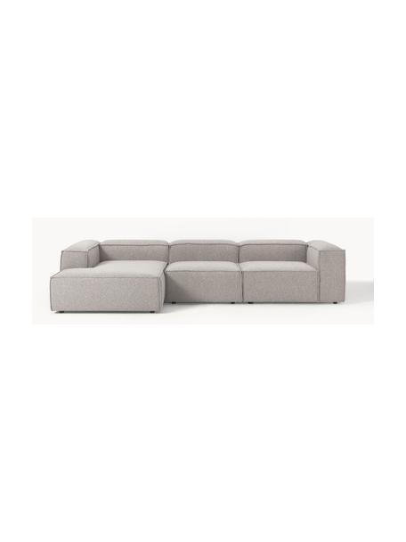 Divano angolare componibile in bouclé Lennon, Rivestimento: bouclé (100% poliestere) , Struttura: legno di pino massiccio, , Piedini: plastica Questo prodotto , Bouclé taupe, Larg. 327 x Prof. 180 cm, chaise longue a sinistra