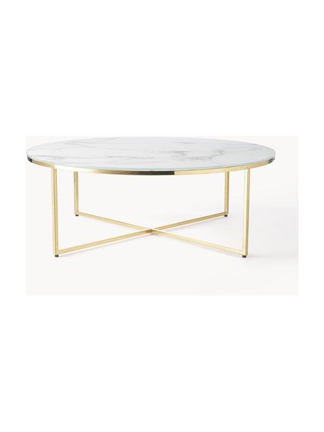 Table basse ronde XL avec plateau en verre aspect marbre Antigua, Blanc aspect marbre, doré, Ø 100 cm