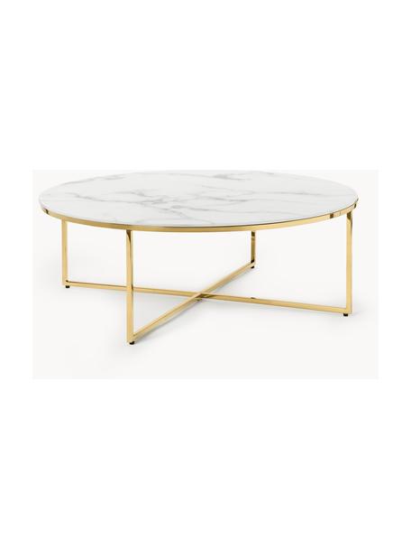 Okrúhly XL konferenčný stolík so sklenenou doskou Antigua, Mramorový vzhľad biela, odtiene zlatej lesklá, Ø 100 cm
