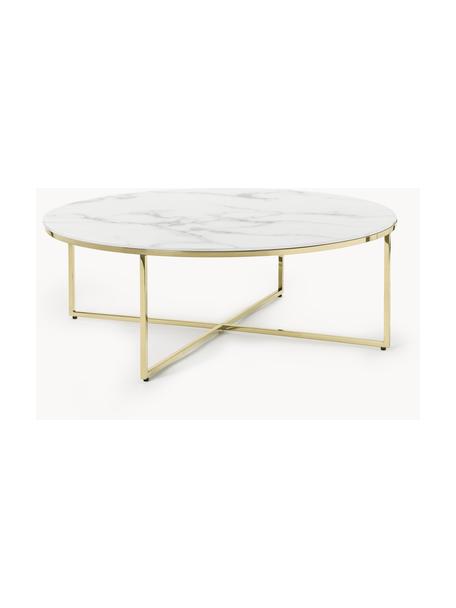 Mesa de centro redonda grande con tablero de vidrio en look mármol Antigua, Tablero: vidrio estampado con aspe, Estructura: metal, latón, Aspecto mármol blanco, dorado brillante, Ø 100 cm