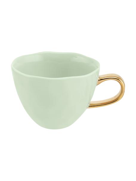 Tasse Good Morning in Mint mit goldenem Griff, Steingut, Mintgrün, Goldfarben, Ø 11 x H 8 cm