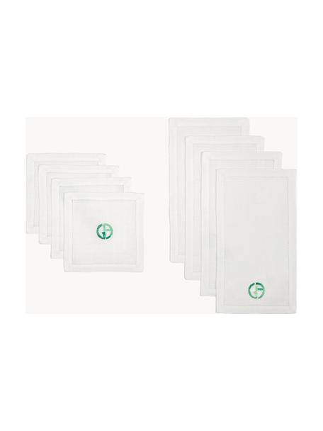 Serviettes en lin avec dessous de verre Rosemary, 8 élém., 100 % lin, Blanc, vert, Lot de tailles variées