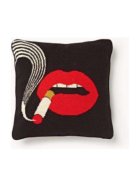 Handgemaakte wollendecoratief kussen Lips Smolder, Zwart, rood, B 45 x L 45 cm