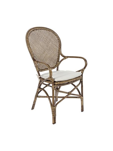 Krzesło z podłokietnikami Miel, Stelaż: rattan lakierowany, Tapicerka: bawełna, Biały, brązowy, S 55 x W 96 cm