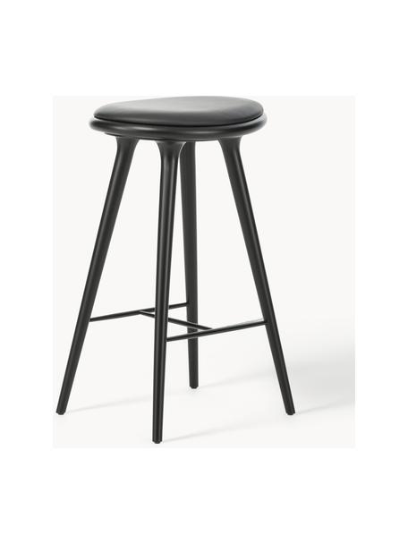 Barkruk High Stool van beukenhout en leer, Poten: beukenhout gebeitst, Zitvlak: leer, Beukenhout zwart gelakt, leer zwart, B 45 x H 69 cm