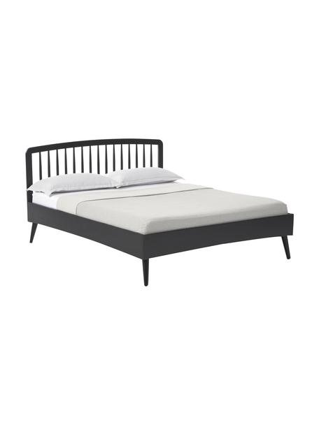 Cama de madera Signe, con cabecero, Madera de roble pintado negro, An 140 x L 200 cm