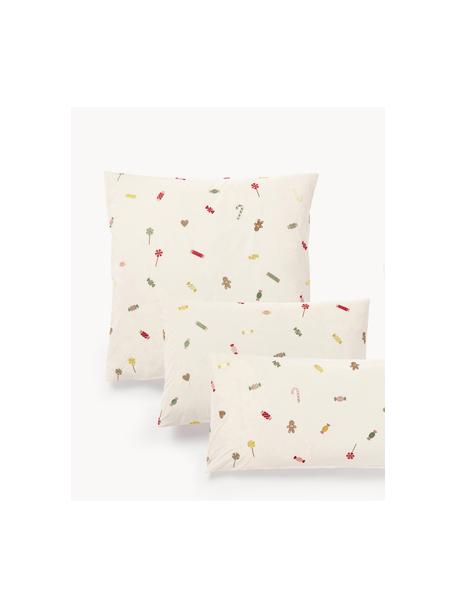 Taie d'oreiller en percale de coton avec broderie de Noël Lolly, Blanc cassé, multicolore, larg. 50 x long. 70 cm