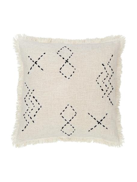 Federa arredo boho ricamata con frange Erik, 100% cotone, Color crema, nero, Larg. 45 x Lung. 45 cm