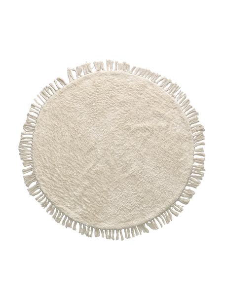 Tapis rond chambre enfant à franges coton Orwen, 100 % coton, Blanc crème, Ø 100 cm