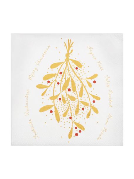 Papieren servetten Mistletoe, 20 stuks, Papier, Wit, goudkleurig, B 33 x L 33 cm