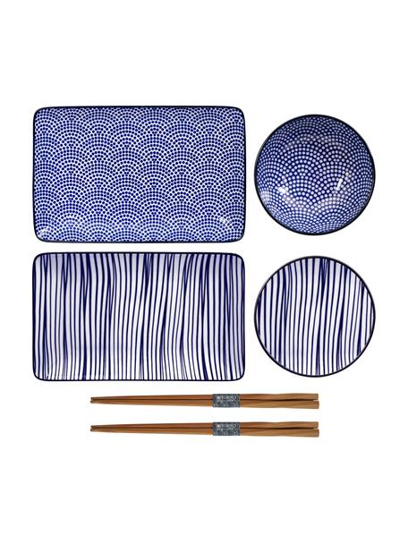 Vajilla artesanal de porcelana Nippon, 2 comensales (6 pzas.), Azul, blanco, madera oscura, Set de diferentes tamaños