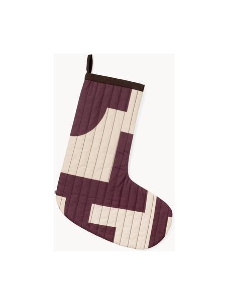 Chaussette de Noël en coton Karla, 100% coton, Aubergine, blanc crème, larg. 35 x haut. 48 cm