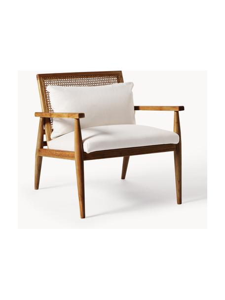 Loungesessel Manuell aus Gummibaumholz, Bezug: 100 % Polyester Der strap, Rückenlehne: Rattan, Gestell: Gummibaumholz, lackiert, Webstoff Off White, Gummibaumholz dunkelbraun lackiert, B 65 x T 70 cm