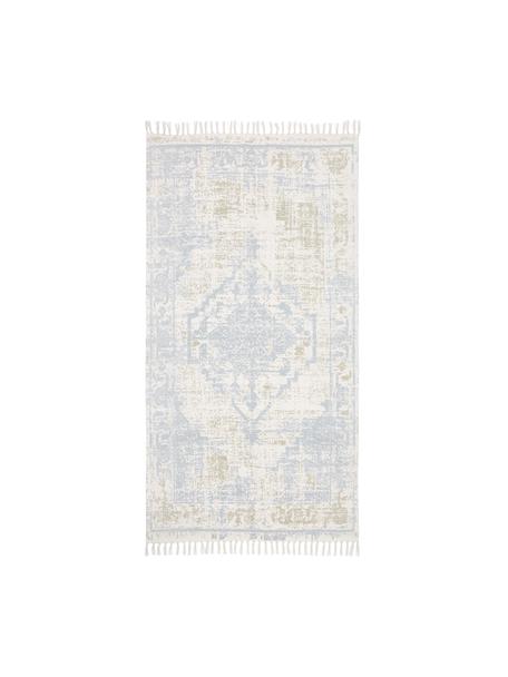 Handgeweven katoenen vloerkleed Jasmine in beige/blauw in vintage stijl, Beige, blauw, B 50 x L 80 cm (maat XXS)