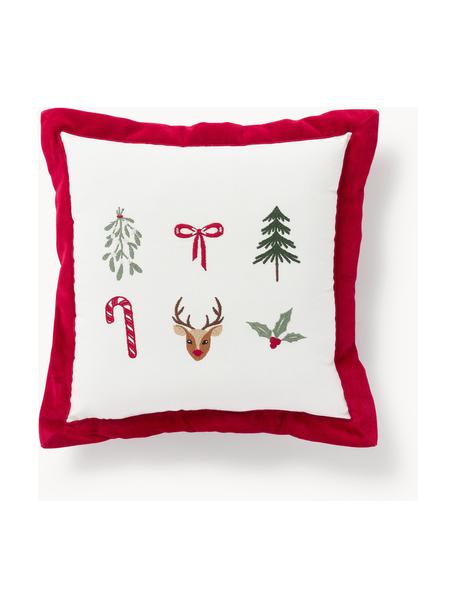Kerstgeborduurd fluwelen kussen Rudy, met vulling, Rood, wit, B 33 x L 33 cm