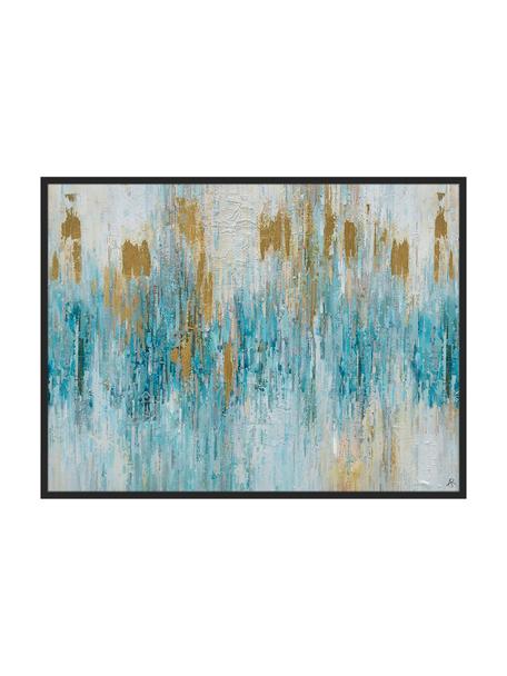 Ingelijste canvasdoek blauw, Lijst: hout, Turquoise, goudkleuriog, B 123 x H 93 cm