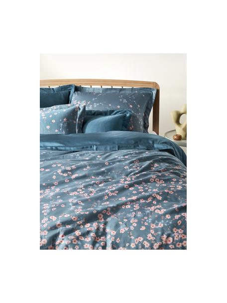 Housse de couette en satin de coton à motif floral Sakura, Bleu, rose, larg. 140 x long. 200 cm