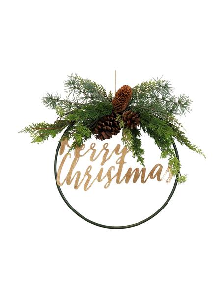 Decoratieve krans Merry Christmas, Metaal, kunststof, kegel, Groen, bruin, zwart, goudkleurig, Ø 36 cm