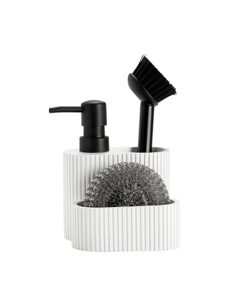 Afwasmiddeldispenser Poly met spons, set van 3, Houder: polyresin, Spons: edelstaal, Wit, zwart, B 12 x H 19 cm