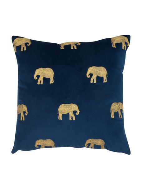 Geborduurde fluwelen kussenhoes Elefco, 100% polyester fluweel, Donkerblauw, goudkleurig, B 40 x L 40 cm