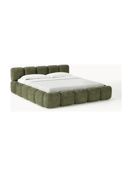 Cama tapizada de borreguillo bouclé Tayla, Tapizado: tejido borreguillo bouclé, Tapizado: espuma, certificado Certi, Estructura: madera maciza de abeto, t, Patas: madera de abedul Este pro, Borreguillo bouclé verde oscuro, An 180 x Al 200 cm