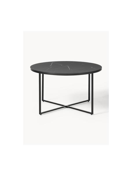 Tavolino rotondo da salotto con piano in vetro effetto marmo Antigua, Struttura: acciaio verniciato a polv, Nero effetto marmo, nero opaco, Ø 80 cm