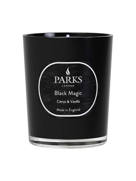 Geurkaars Black Magic (citrus, vanille, patchouli & lavendel), Houder: glas, Deksel: metaal, Zwart, Ø 7 x H 9 cm